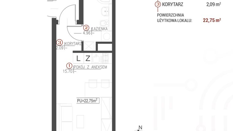 Rzut - Mieszkanie na sprzedaż 1 pokój o powierzchni 22,75 m² - numer 117 w Wróblewskiego 1