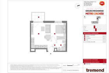 Rzut - Mieszkanie na sprzedaż 2 pokoje o powierzchni 33,18 m² - numer B.13 w Dzielnica Mieszkaniowa Metro Zachód - etap 8.2