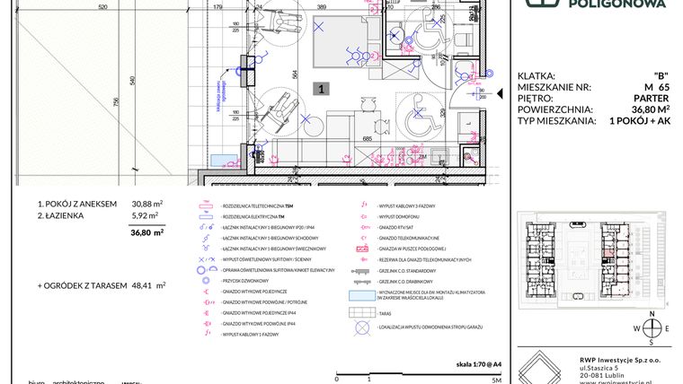 Rzut - Mieszkanie na sprzedaż 1 pokój o powierzchni 36,8 m² - numer 65 w Apartamenty Poligonowa etap 5