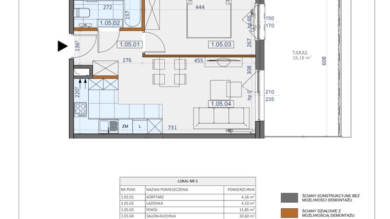 Rzut - Mieszkanie na sprzedaż 2 pokoje o powierzchni 40,81 m² - numer 5 w Osiedle Zycha