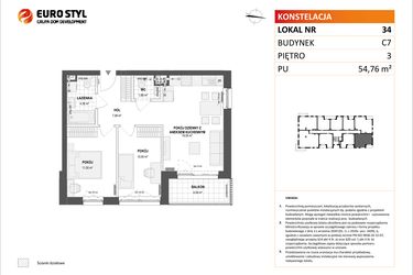 Rzut - Mieszkanie na sprzedaż 3 pokoje o powierzchni 54,76 m² - numer C7.34 w Konstelacja etap IV