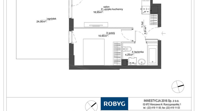 Rzut - Mieszkanie na sprzedaż 2 pokoje o powierzchni 38,05 m² - numer RM/2A/E/0/2 w Rytm Mokotowa - etap 2A