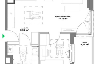 Rzut - Mieszkanie na sprzedaż 2 pokoje o powierzchni 37,49 m² - numer B2-6 w Forma Otwarta etap II