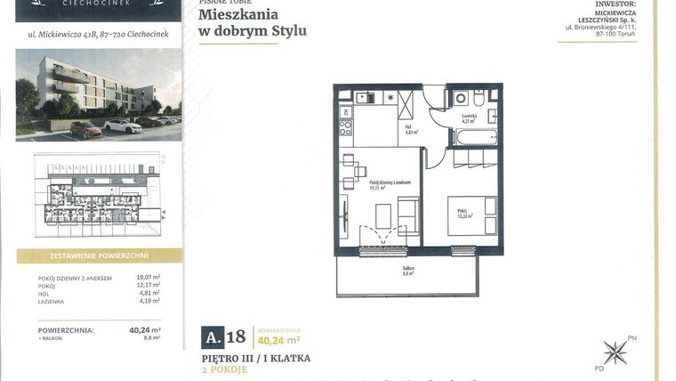 Rzut - Mieszkanie na sprzedaż 2 pokoje o powierzchni 40,24 m² - numer A18 w Mickiewicza