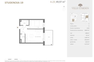 Rzut - Mieszkanie na sprzedaż 2 pokoje o powierzchni 49,97 m² - numer A.23 w Ville Garden