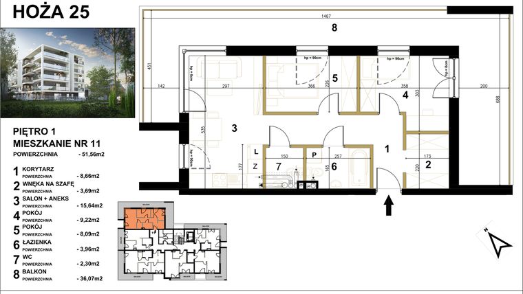 Rzut - Mieszkanie na sprzedaż 3 pokoje o powierzchni 51,56 m² - numer 11 w Hoża 25
