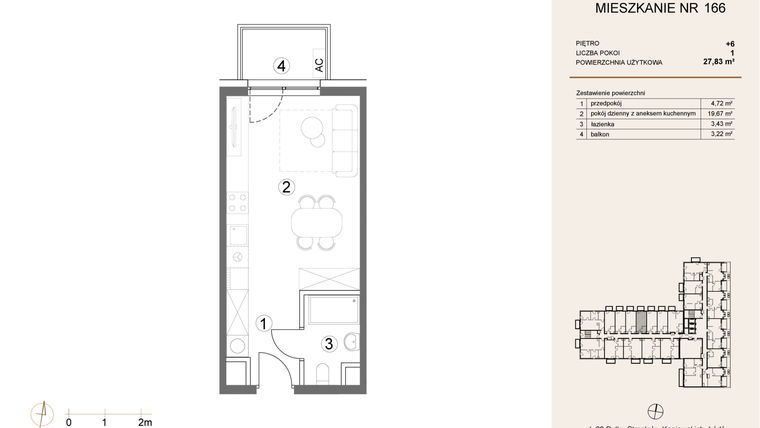 Rzut - Mieszkanie na sprzedaż 1 pokój o powierzchni 27,83 m² - numer 166 w Waterlane Vibe