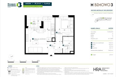 Rzut - Mieszkanie na sprzedaż 2 pokoje o powierzchni 39,34 m² - numer AA0206 w M Bemowo 3