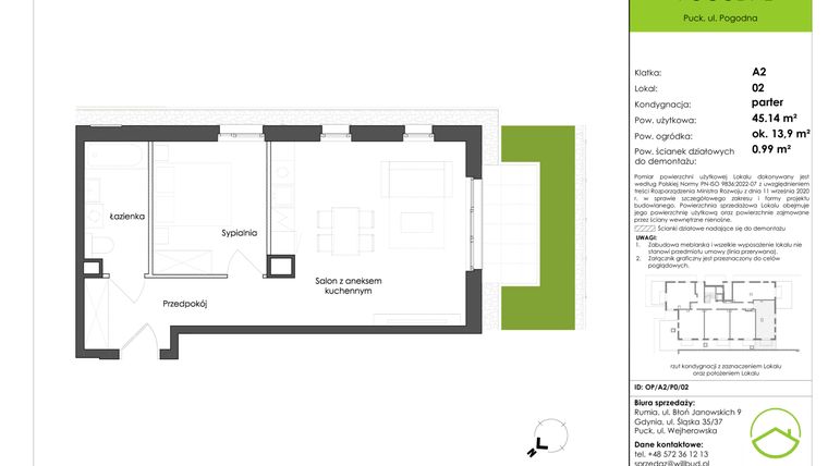 Rzut - Mieszkanie na sprzedaż 2 pokoje o powierzchni 45,14 m² - numer OP/A2/P0/02 w Osiedle Pogodne etap I
