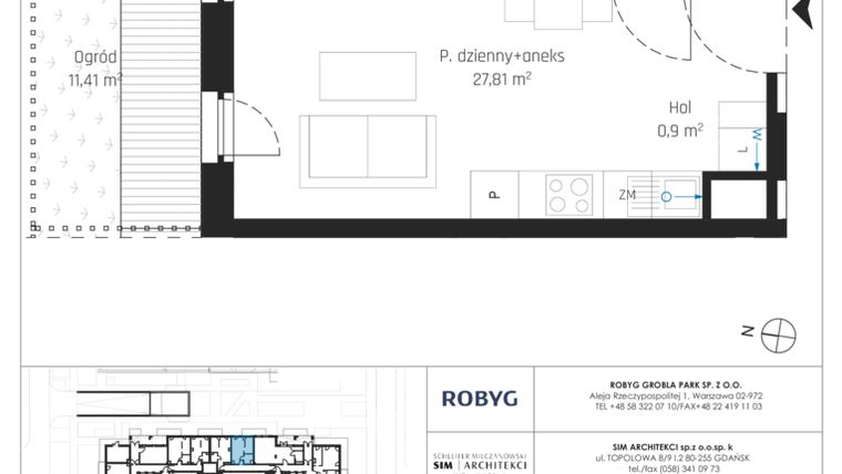 Rzut - Mieszkanie na sprzedaż 1 pokój o powierzchni 33,62 m² - numer J.0M07 w Nadmotławie Apartments etap J