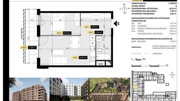 Rzut - Mieszkanie na sprzedaż 2 pokoje o powierzchni 43,1 m² - numer M/69 w Tarasy Śląskie