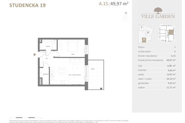 Rzut - Mieszkanie na sprzedaż 2 pokoje o powierzchni 49,97 m² - numer A.15 w Ville Garden