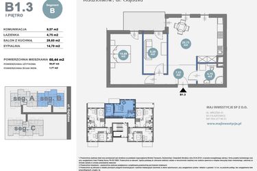 Rzut - Mieszkanie na sprzedaż 2 pokoje o powierzchni 60,44 m² - numer B1.3 w Nowy Radzionków