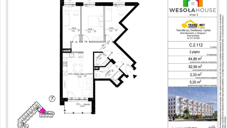 Rzut - Mieszkanie na sprzedaż 4 pokoje o powierzchni 82,56 m² - numer C.2.112 w Wesoła House Etap II