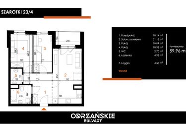 Rzut - Mieszkanie na sprzedaż 3 pokoje o powierzchni 59,96 m² - numer 23/4 w Odrzańskie Bulvary
