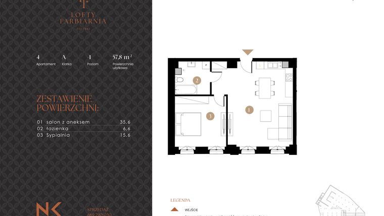 Rzut - Mieszkanie na sprzedaż 2 pokoje o powierzchni 57,8 m² - numer 4 w Lofty Farbiarnia