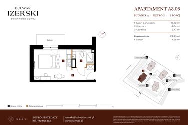 Rzut - Mieszkanie na sprzedaż 1 pokój o powierzchni 22,83 m² - numer A3.05 w Bulwar Izerski