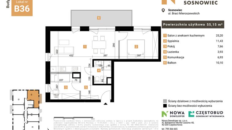 Rzut - Mieszkanie na sprzedaż 3 pokoje o powierzchni 55,15 m² - numer 36 w Nowy Sosnowiec