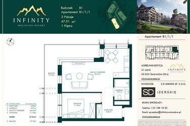 Rzut - Mieszkanie na sprzedaż 2 pokoje o powierzchni 47,51 m² - numer B1/1/1 w Infinity Mountain Resort etap 2
