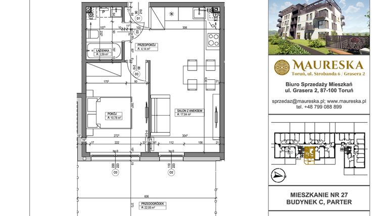 Rzut - Mieszkanie na sprzedaż 2 pokoje o powierzchni 36,35 m² - numer C.27 w Osiedle Maureska etap 2