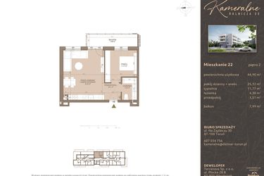 Rzut - Mieszkanie na sprzedaż 2 pokoje o powierzchni 44,9 m² - numer M-22 w Kameralne
