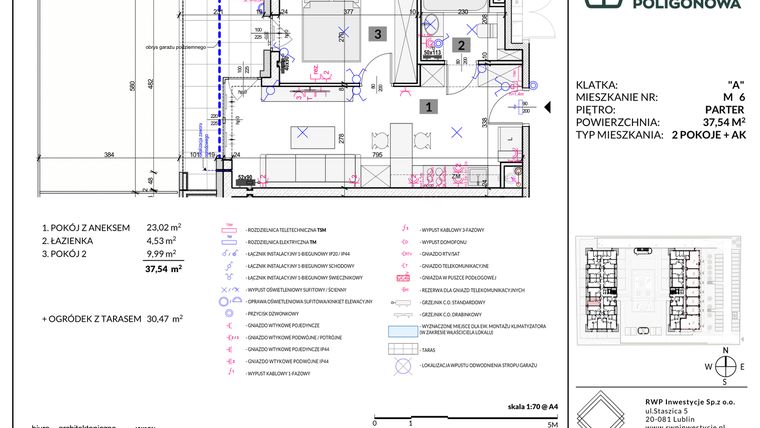 Rzut - Mieszkanie na sprzedaż 2 pokoje o powierzchni 37,54 m² - numer 6 w Apartamenty Poligonowa etap 5