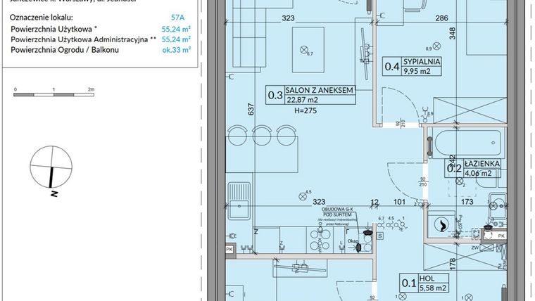 Rzut - Mieszkanie na sprzedaż 3 pokoje o powierzchni 55,24 m² - numer 57A w Osiedle Młodych etap IX