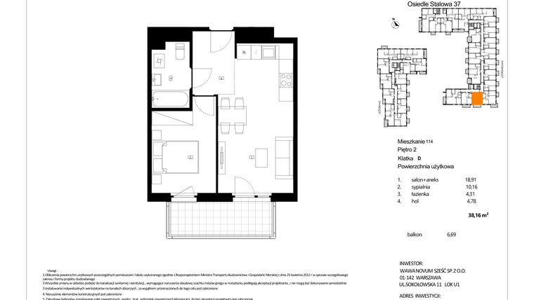 Rzut - Mieszkanie na sprzedaż 2 pokoje o powierzchni 38,16 m² - numer 114 w Stalowa 37
