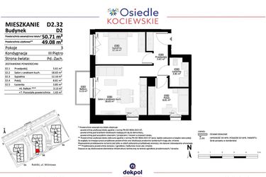 Rzut - Mieszkanie na sprzedaż 3 pokoje o powierzchni 49,08 m² - numer D2.32 w Osiedle Kociewskie etap IV