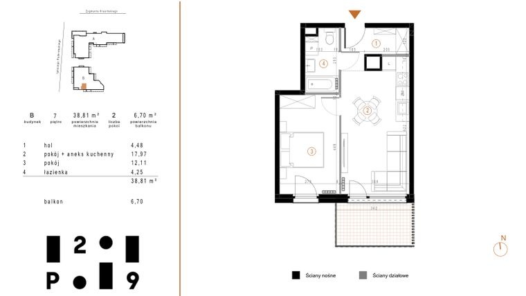 Rzut - Mieszkanie na sprzedaż 2 pokoje o powierzchni 38,81 m² - numer B64 w Paderewskiego 29