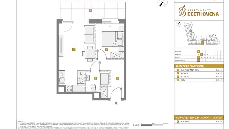 Rzut - Mieszkanie na sprzedaż 2 pokoje o powierzchni 36,62 m² - numer A28 w Apartamenty Beethovena