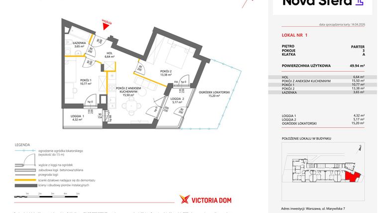 Rzut - Mieszkanie na sprzedaż 3 pokoje o powierzchni 49,94 m² - numer 1 w Miasteczko Nova Sfera 4