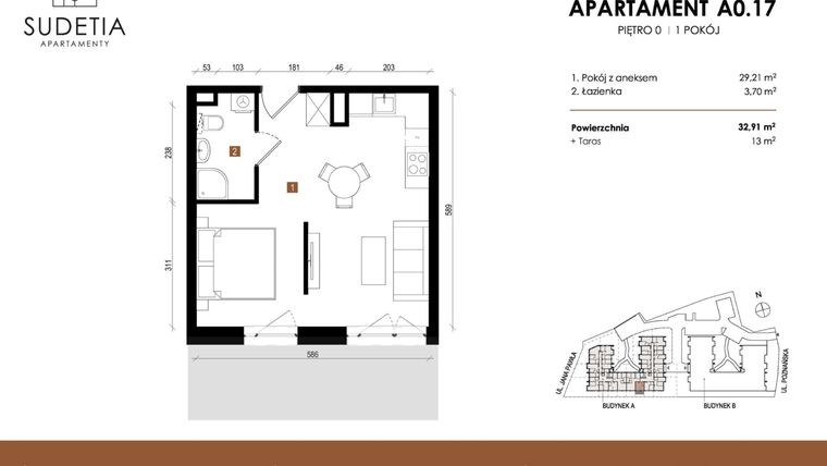 Rzut - Mieszkanie na sprzedaż 1 pokój o powierzchni 32,91 m² - numer A 0.17 w Apartamenty Sudetia