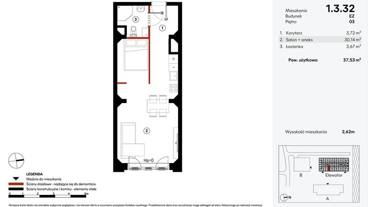 Rzut - Mieszkanie na sprzedaż 1 pokój o powierzchni 37,53 m² - numer EZ.1.3.32 w Elewator - Mieszkania i Lofty