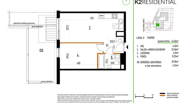 Rzut - Mieszkanie na sprzedaż 2 pokoje o powierzchni 44,36 m² - numer 8 w Kowalskiego 37