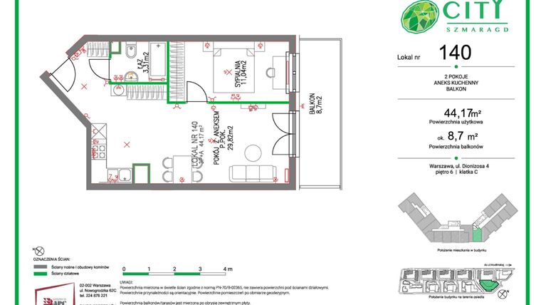 Rzut - Mieszkanie na sprzedaż 2 pokoje o powierzchni 44,17 m² - numer 140 w Comfort City Szmaragd