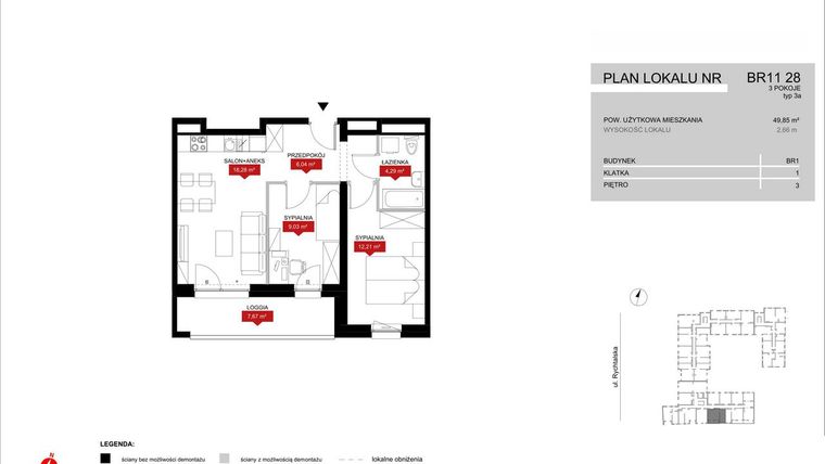 Rzut - Mieszkanie na sprzedaż 3 pokoje o powierzchni 49,85 m² - numer BR11/28 w Browary Wrocławskie 2