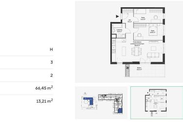 Rzut - Mieszkanie na sprzedaż 3 pokoje o powierzchni 66,45 m² - numer HB0206 w Holm House 5