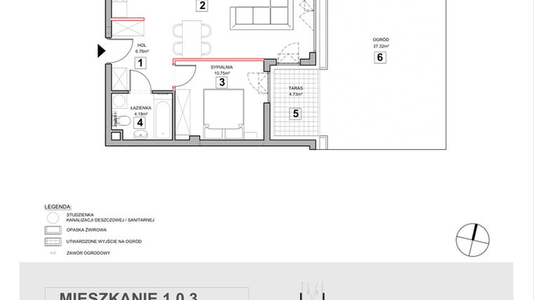 Rzut - Mieszkanie na sprzedaż 2 pokoje o powierzchni 49,33 m² - numer 1.0.3 w Zakątek Harmonia III
