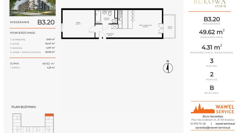 Rzut - Mieszkanie na sprzedaż 2 pokoje o powierzchni 49,62 m² - numer B3.20 w Enklawa Bukowa II