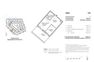 Rzut - Mieszkanie na sprzedaż 1 pokój o powierzchni 34,37 m² - numer 1.21 w OVAL SKY