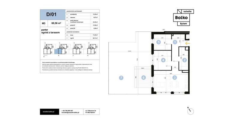 Rzut - Mieszkanie na sprzedaż 3 pokoje o powierzchni 60,56 m² - numer D/01 w Osiedle Bolko etap II