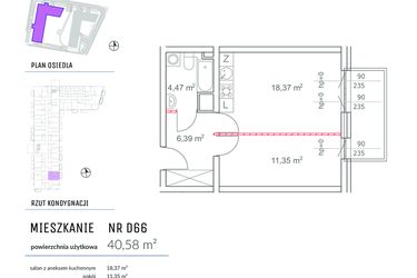 Rzut - Mieszkanie na sprzedaż 2 pokoje o powierzchni 40,58 m² - numer D66 w Osiedle Impresja 2