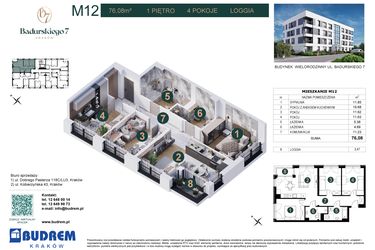 Rzut - Mieszkanie na sprzedaż 4 pokoje o powierzchni 76,08 m² - numer 12 w Badurskiego 7
