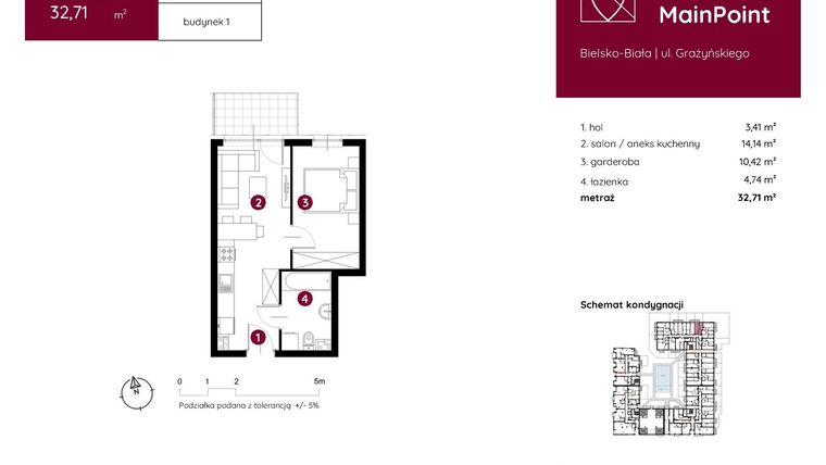 Rzut - Mieszkanie na sprzedaż 1 pokój o powierzchni 32,71 m² - numer 1.A.0.08 w Murapol MainPoint