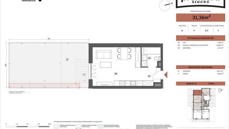 Rzut - Mieszkanie na sprzedaż 1 pokój o powierzchni 31,36 m² - numer D.03 w Premiera Bemowo