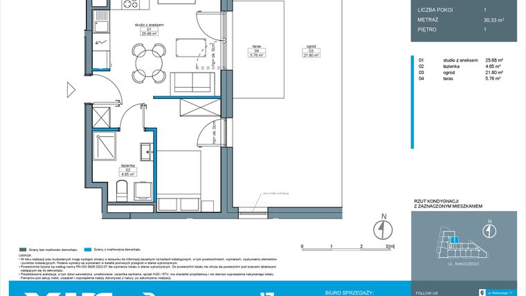 Rzut - Mieszkanie na sprzedaż 1 pokój o powierzchni 30,33 m² - numer A.1.12 w Rakoczego 17