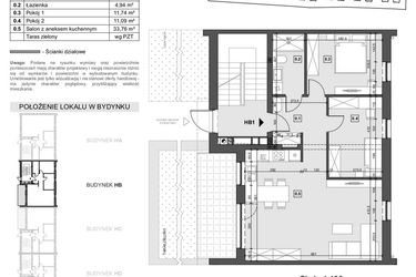 Rzut - Mieszkanie na sprzedaż 3 pokoje o powierzchni 69,25 m² - numer HB1 w Wzgórze Zelwerowicza