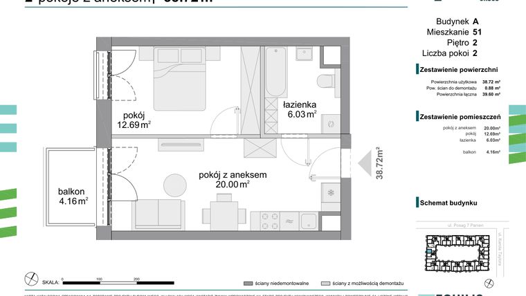 Rzut - Mieszkanie na sprzedaż 2 pokoje o powierzchni 38,72 m² - numer 51 w Osiedle Fokus Ursus