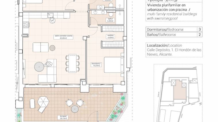 Rzut - Mieszkanie na sprzedaż 3 pokoje o powierzchni 127,32 m² - numer 2.2 w Mieszkania w Hondón de las Nieves - 65879943